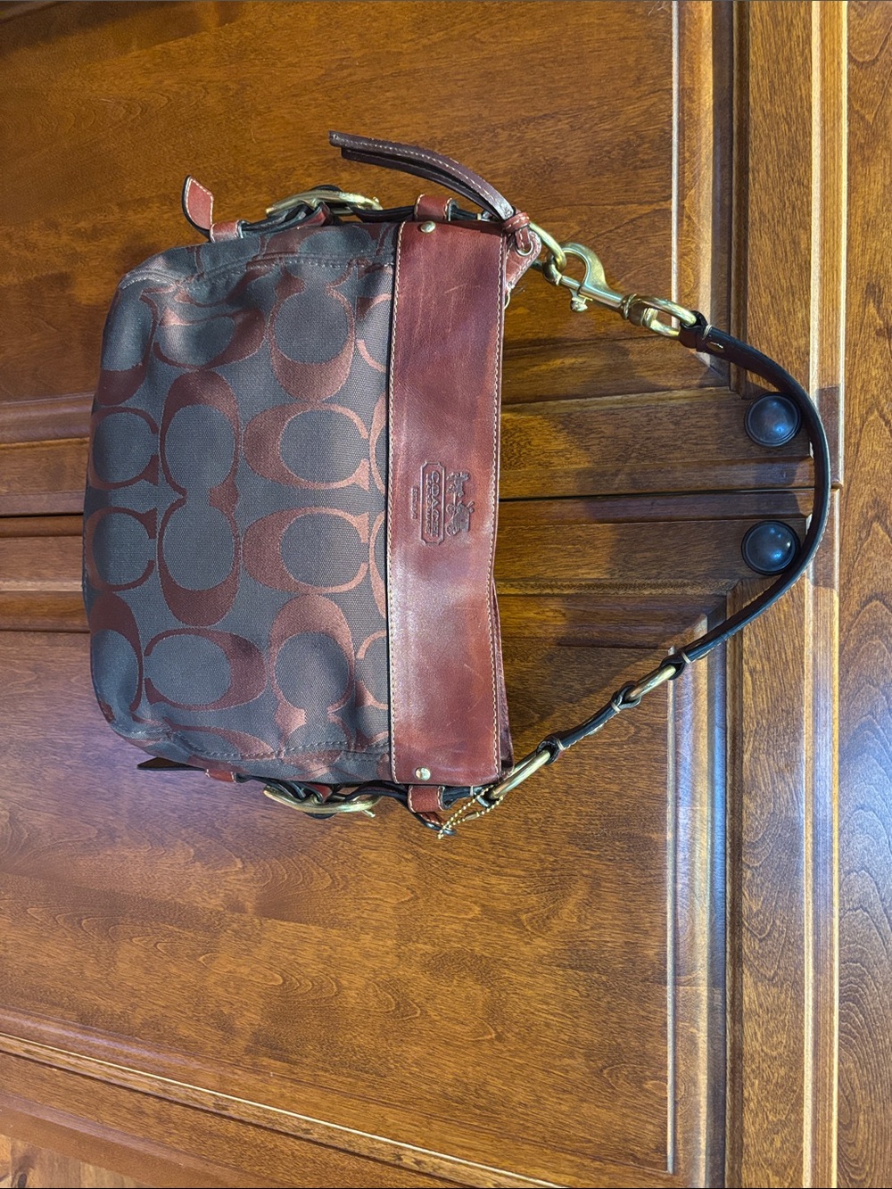 Coach Brown Signature Canvas Messenger Bag with Red Leather Trim